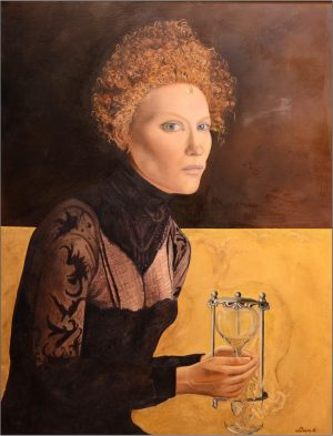 A woman holds a broken hourglass, symbolizing time’s fragility. Available at Art Parisa Gallery.